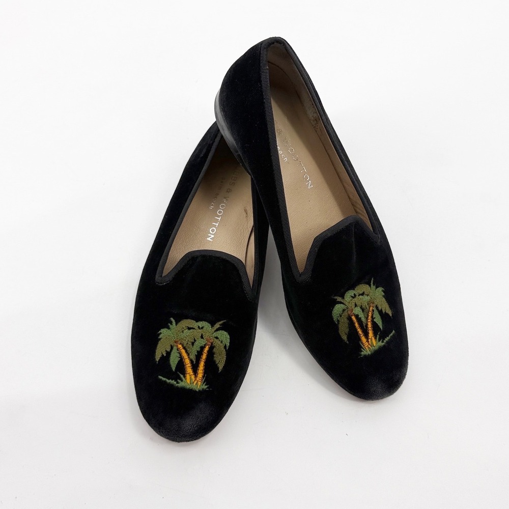 Stubbs & Wootton Black Velvet Palm Tree Embroidered Slippers Loafers Spain 7.5
